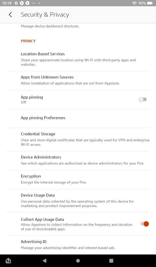 The Security & Privacy screen in the Fire OS settings.