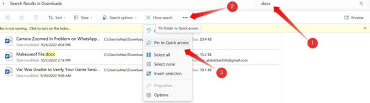 Pinning a search criteria to quick access on Windows.