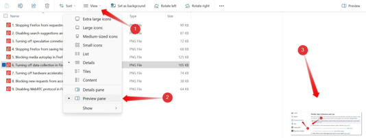 Enabling preview pane and checking preview of an image in it on Windows.