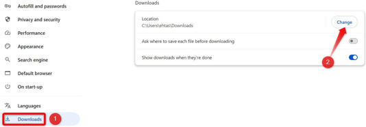 Changing the default download location in Chrome.