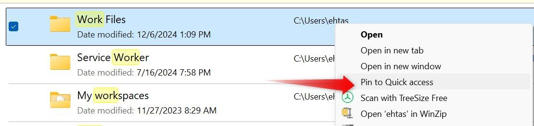Pinning a folder to Quick Access in Windows.