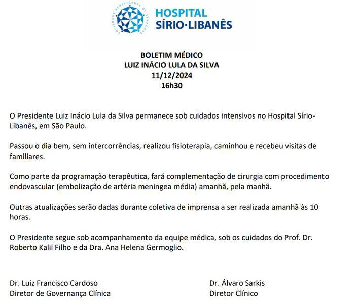 O boletim médico do presidente Luiz Inácio Lula da Silva (PT) divulgado na tarde desta quarta-feira, 11 Foto: Reprodução