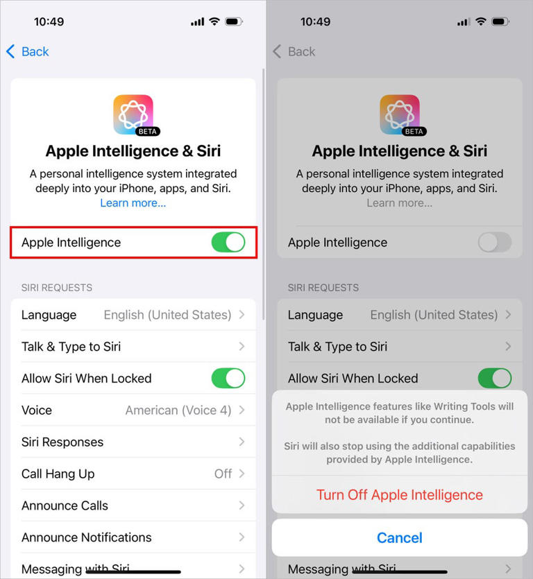 Turn off Apple Intelligence entirely with one switch. Screenshots by Jeff Carlson/CNET