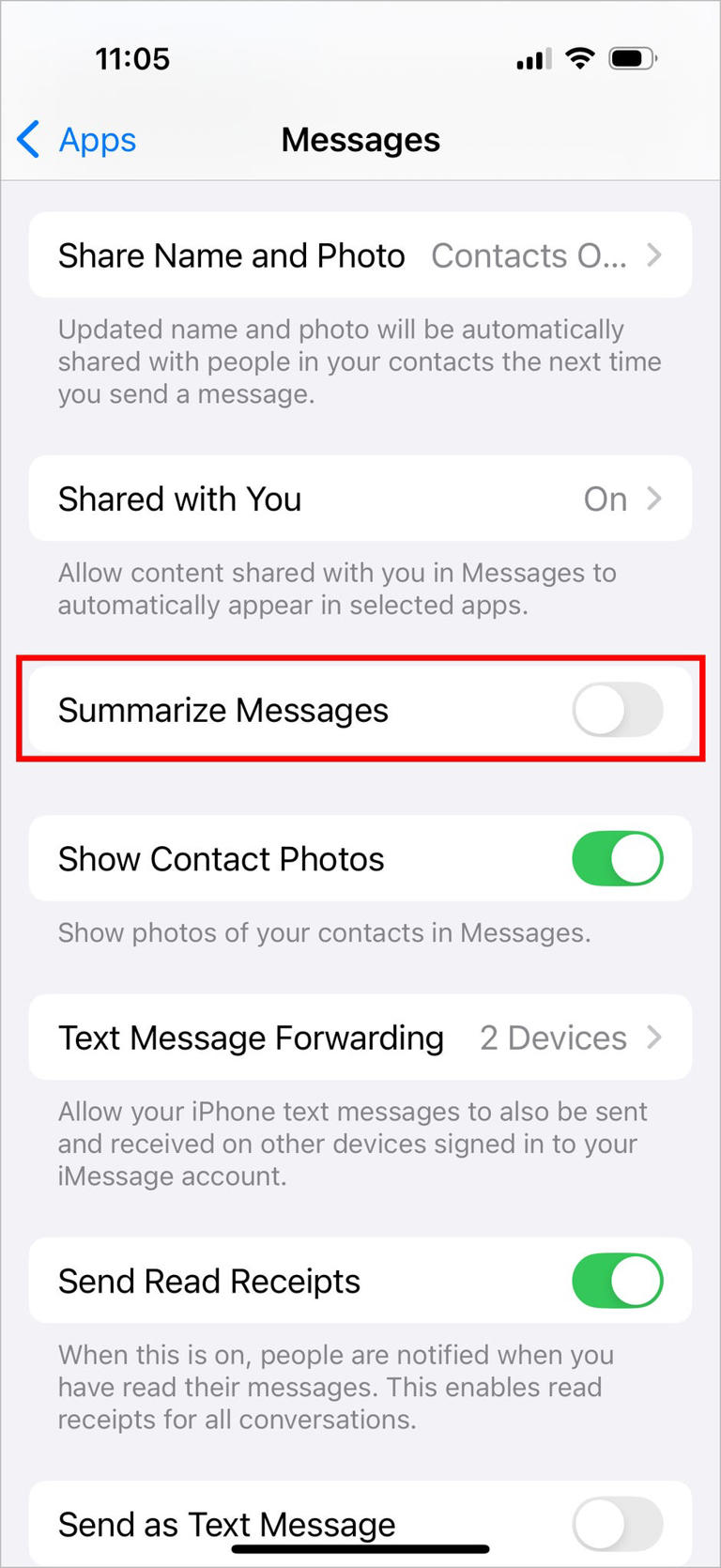 Turn off Messages summaries while still using other Apple Intelligence features. Screenshot by Jeff Carlson/CNET
