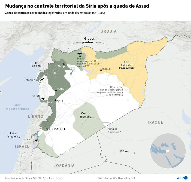 Zonas de controle de diferentes forças na Síria em 10 de dezembro, dois dias após a queda do regime de Bashar al-Assad, de acordo com os últimos dados do Institute for the Study of War.