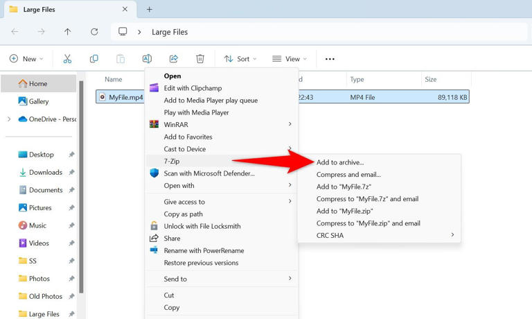 7-Zip > Add to Archive highlighted in File Explorer.