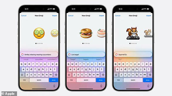 AI-generated emoji: In the Messages app, users can type a short description (e.g. 'smiley relaxing wearing cucumbers') to get a unique emoji to send to someone 