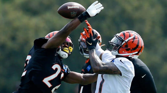 Bengals cornerback Chidobe Awuzie (22) breaks up a pass intended for wide receiver Ja'Marr Chase during practice. Cincinnati Bengals Training Camp | Sam Greene/The Enquirer via Imagn Content Services, LLC