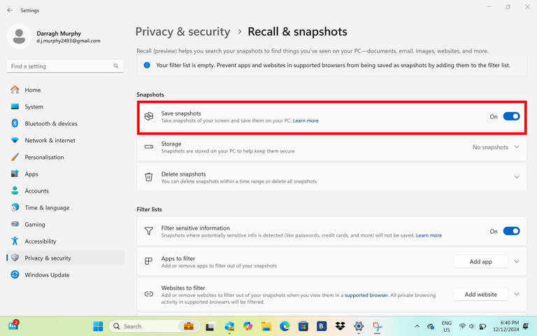 Windows settings showing Recall feature settings