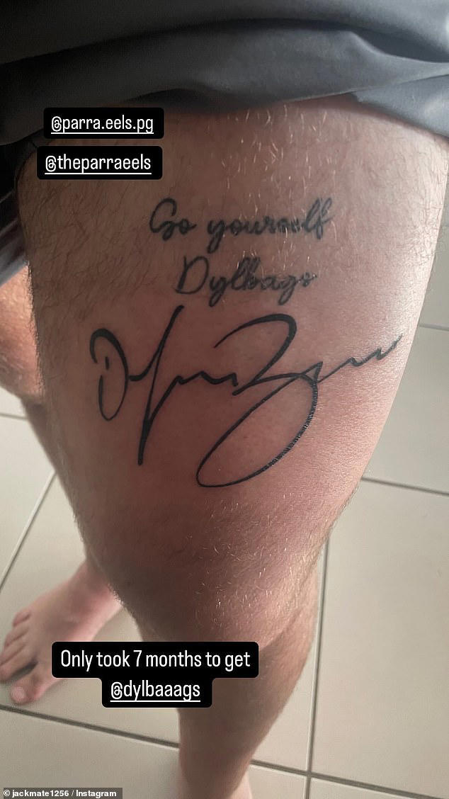 The 24-year-old now has a permanent reminder of his favourite player Dylan Brown tattooed on his thigh (pictured, Brown's signature)