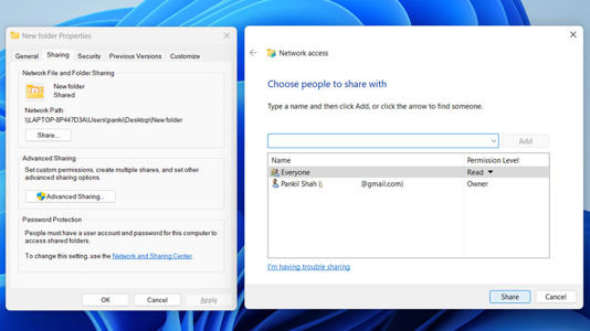 Folder properties and network access window on desktop