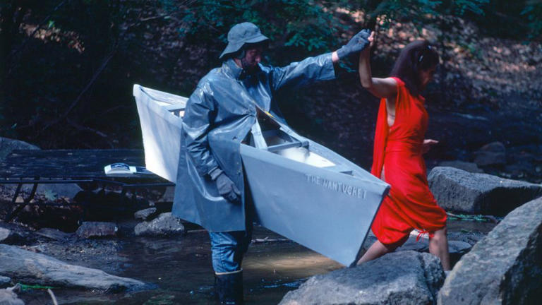 Lorraine O'Grady, “Rivers, First Draft: The Nantucket Memorial guides the Woman in Red to the other side of the stream,” 1982/2015. - Courtesy Lorraine O’Grady Trust