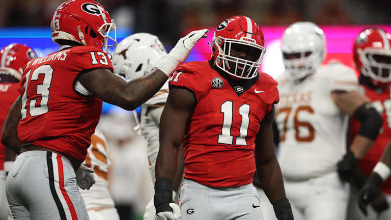 Dec 7, 2024; Atlanta, GA, USA; Georgia Bulldogs linebacker Jalon Walker (11) reacts against the Texas Longhorns during the first half in the 2024 SEC Championship game at Mercedes-Benz Stadium. Mandatory Credit: Brett Davis-Imagn Images | Brett Davis-Imagn Images