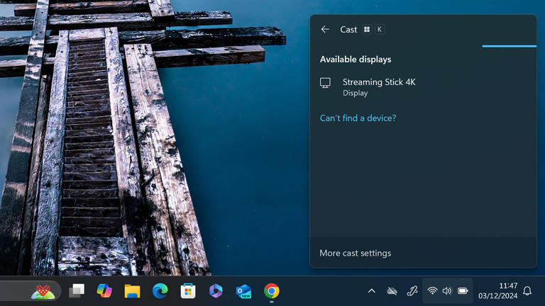 Connecting to a Roku from the Windows Action Center.