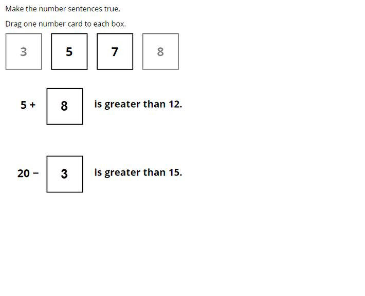 Questão de Matemática para o 4º ano, de nível intermediário: Coloque os números nas caixinhas para tornar as frases verdadeiras, usando os cartões numéricos. A criança precisava saber qual número somado a 5 dava um resultado maior que 12. E qual número subtraído de 20 dava um resultado maior que 15. Os dois números que deveriam ser escolhidos eram 8 e 3, como já está no exemplo. Foto: Reprodução/TIMSS