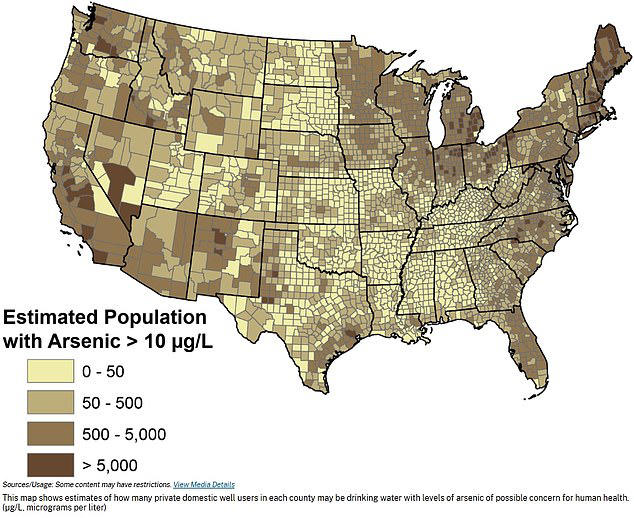 The above map, published in 2017, shows estimated arsenic levels in water from private wells across the US