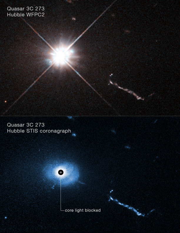 Een afbeelding van het hart van de quasar 3C 273, gemaakt door de Hubble-ruimtetelescoop. Een coronagraaf op Hubble blokkeert het verblindende licht van het supermassieve zwarte gat in het centrum van de quasar. Dit stelt astronomen in staat om ongekende details te zien in de buurt van het zwarte gat, zoals vreemde filamenten, lobben en een mysterieuze L-vormige structuur, waarschijnlijk veroorzaakt door kleine sterrenstelsels die door het zwarte gat worden opgeslokt. Gelegen op 2,5 miljard lichtjaar van ons vandaan, is 3C 273 de eerste quasar (quasi-stellair object) die ooit werd ontdekt, in 1963. Afbeelding: NASA, ESA, Bin Ren (Université Côte d’Azur/CNRS); John Bahcall (IAS); Joseph DePasquale (STScI)