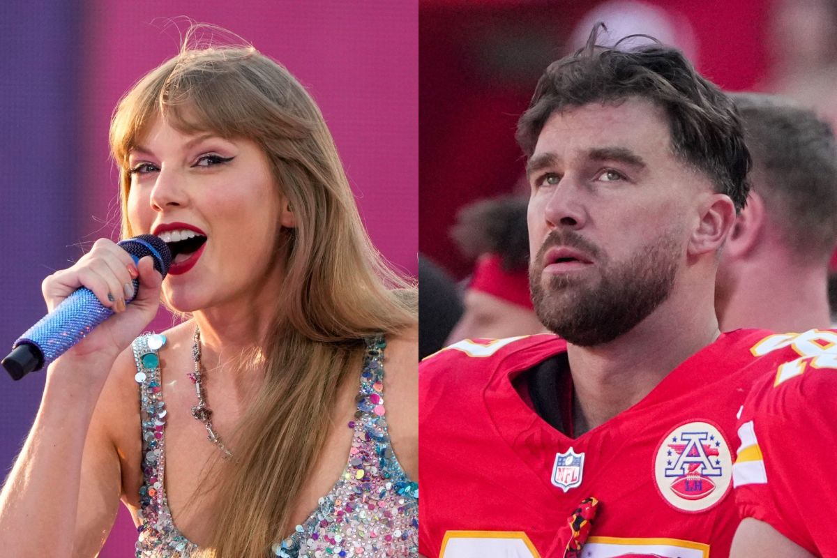 Recording artist Taylor Swift (left) and Kansas City Chiefs tight end Travis Kelce (right). Sam Greene, Denny Medley -Imagn Images