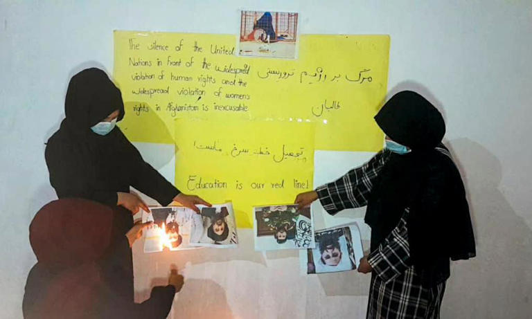 Students protest against the latest ban. ‘A society without female doctors or medical workers is doomed,’ said one student from Kabul. Photograph: Supplied