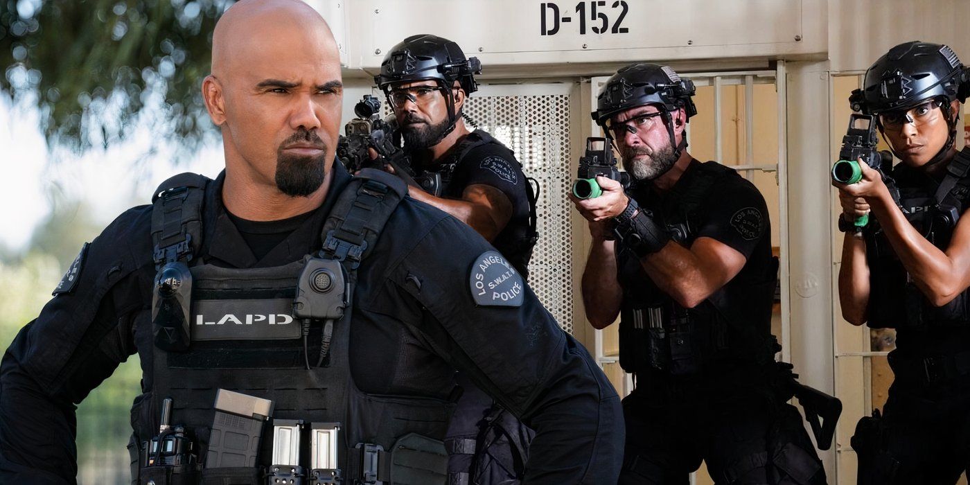 A composite image of Hondo looking serious in front of the SWAT team storming a cell block in SWAT 