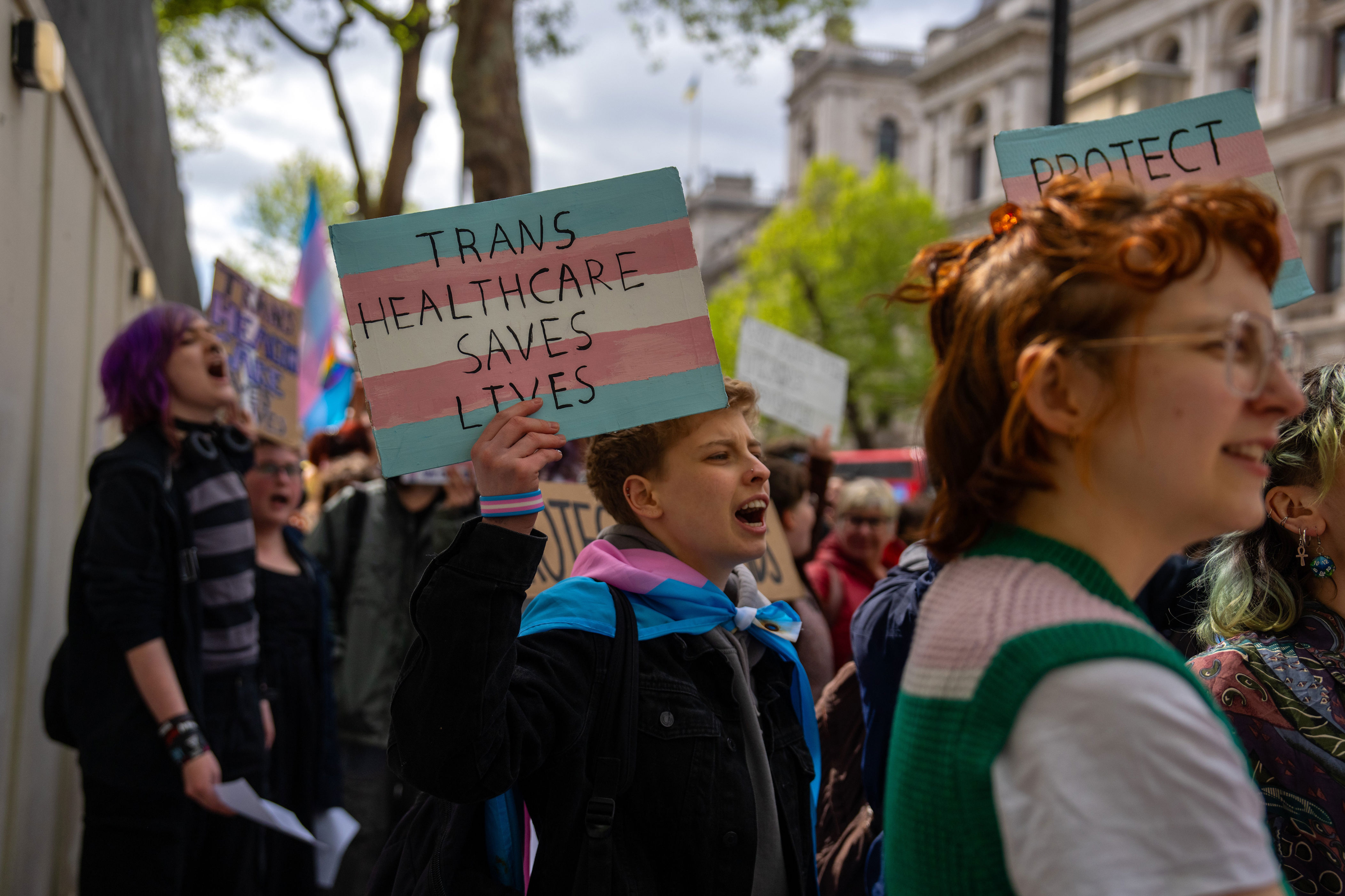 Prostest over the ban of puberty blockers for trans children (Getty Images)