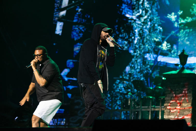 Eminem performs with Mr Porter at Etihad Park. Photo: Jeremy Deputat