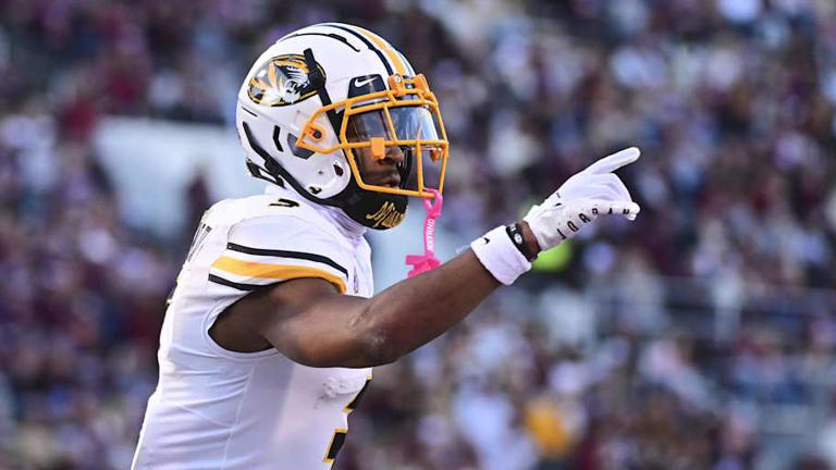 Nov 23, 2024; Starkville, Mississippi, USA; Missouri Tigers wide receiver Luther Burden III (3) reacts after a touchdown against the Mississippi State Bulldogs during the second quarter at Davis Wade Stadium at Scott Field. Mandatory Credit: Matt Bush-Imagn Images | Matt Bush-Imagn Images