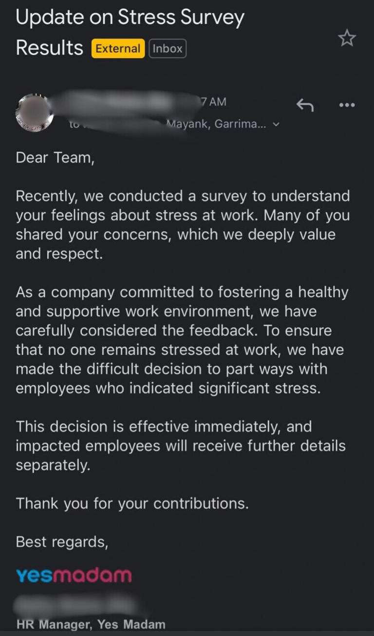 YesMadam fires employees after asking if they're stressed, HR's email ...