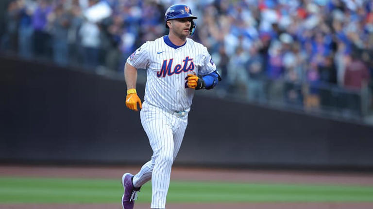 New York Mets first baseman Pete Alonso runs the bases after hitting a home run during a National League Championship Series game against the Los Angeles Dodgers on Oct. 18 at Citi Field. | Brad Penner-Imagn Images