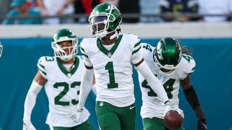 Dec 15, 2024; Jacksonville, Florida, USA; New York Jets cornerback Sauce Gardner (1) celebrates after an interception against the Jacksonville Jaguars in the fourth quarter at EverBank Stadium. Mandatory Credit: Nathan Ray Seebeck-Imagn Images | Nathan Ray Seebeck-Imagn Images