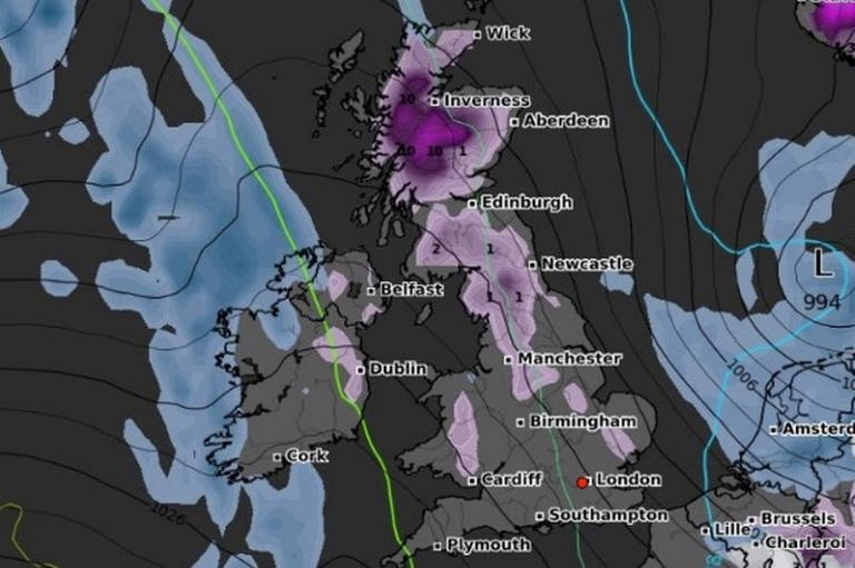 A map of the UK is coloured purple (indicating snow) in multiple areas, including Scotland, the northeast, Manchester and Cardiff