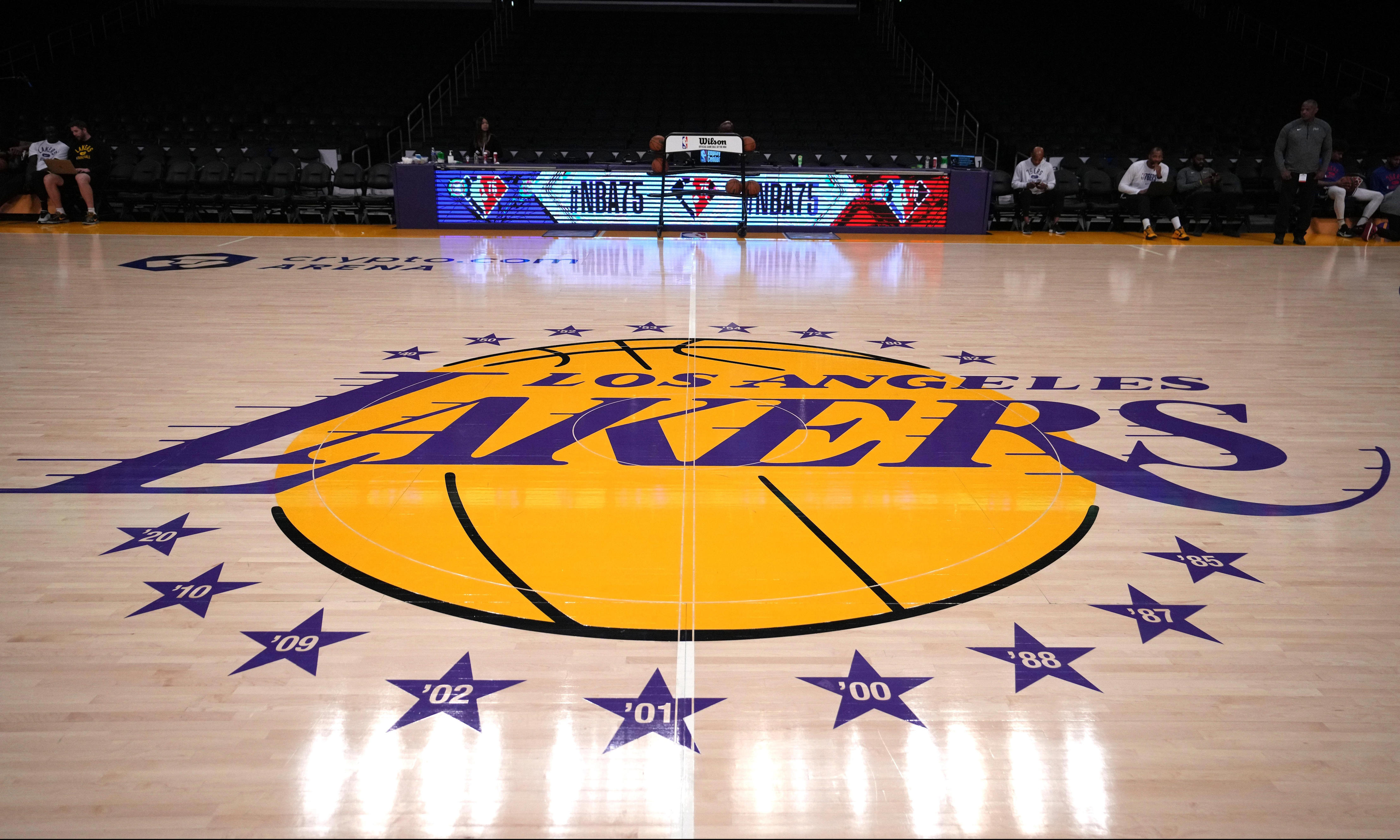 Mar 23, 2022; Los Angeles, California, USA; The Los Angeles Lakers logo at center court before the game between Philadelphia 76ers and Los Angeles Lakers at Crypto.com Arena. Mandatory Credit: Kirby Lee-USA TODAY Sports