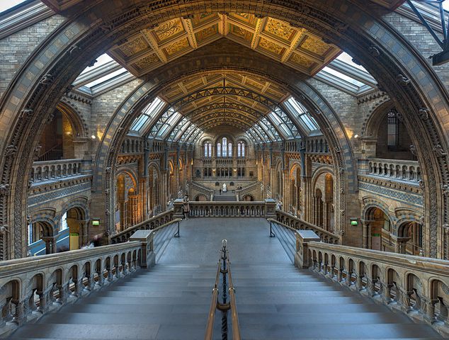 Elevated view of the main hall in the Natural History Museum of London.