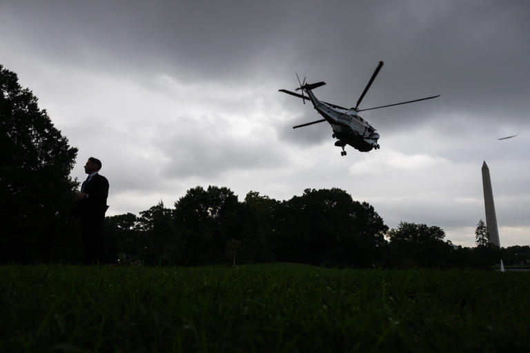 Biden departs in Marine One from the White House as he travels to Florida and Georgia to survey damage from Hurricane Helene in October.