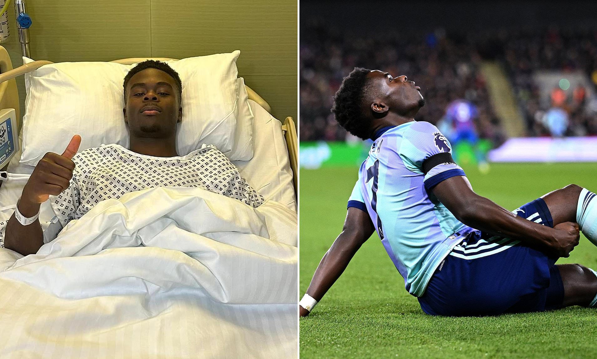 Bukayo Saka breaks silence on his hamstring injury with an update to fans from his hospital bed... as Arsenal star prepares for 'up to two months' on the sidelines after surgery