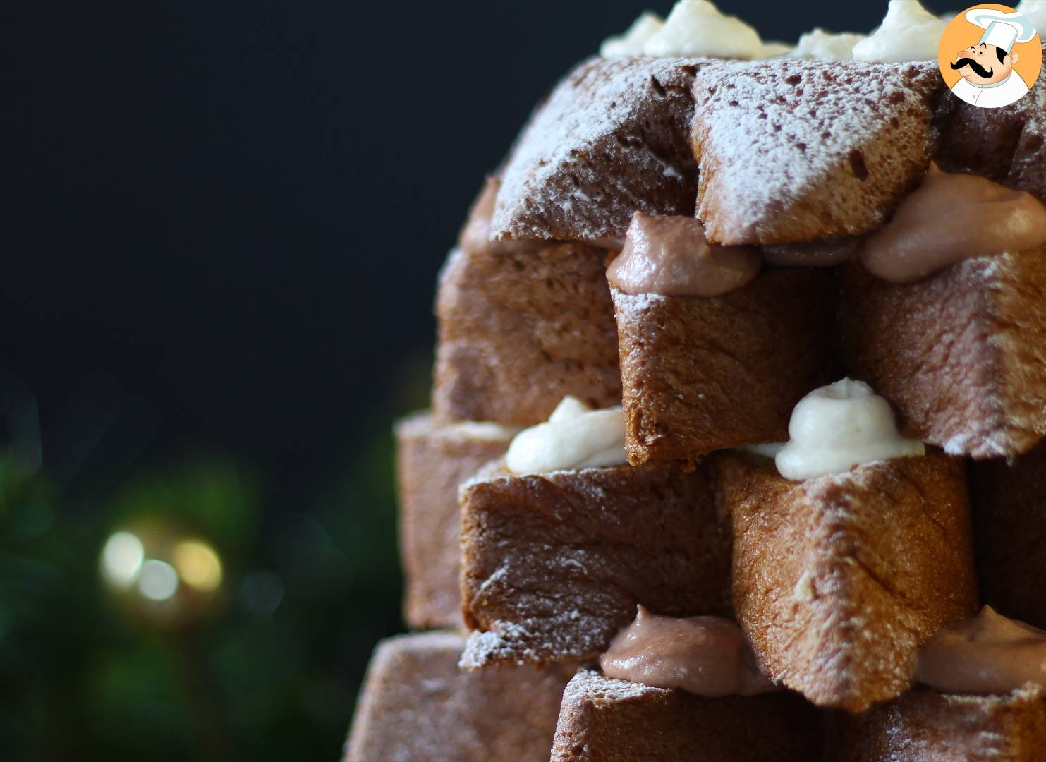Pandoro-brioche gefüllt mit nutella- und vanillecreme in form eines ...