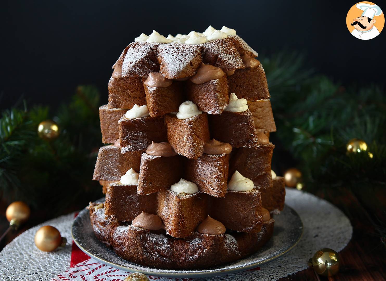 Pandoro-brioche gefüllt mit nutella- und vanillecreme in form eines ...