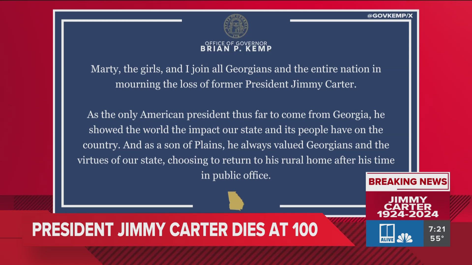 Gov. Kemp pays condolences after death of Jimmy Carter
