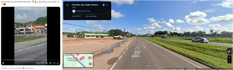 Comparação feita em 30 de dezembro de 2024 entre a captura de tela de uma publicação no X (E) e a localização no Google Street View