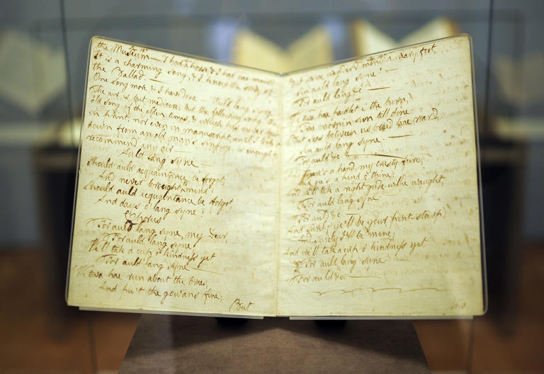 The original letter featuring the lyrics of "Auld Lang Syne" by the hand writing of Scottish poet Robert Burns is on display at the Morgan Library & Museum in New York, December 9, 2011.