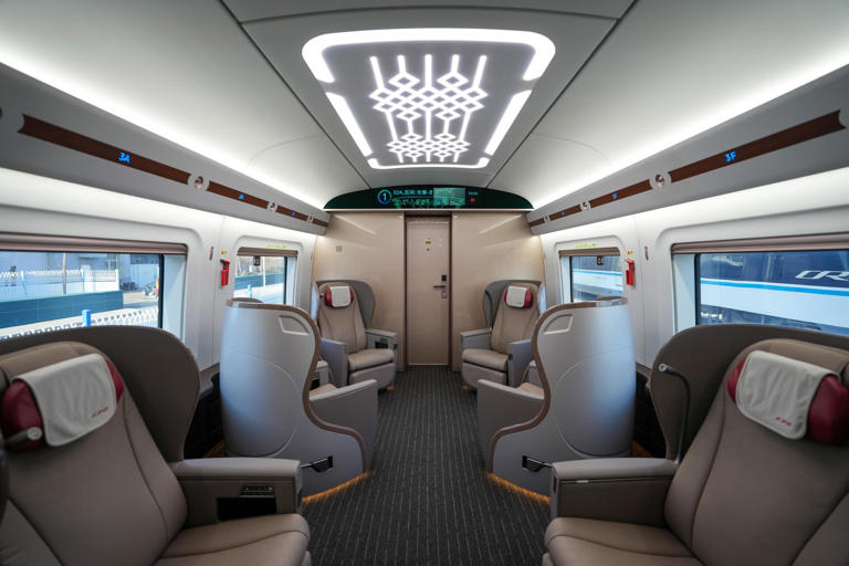 epa11797446 Interior view of a business class carriage of the CR450 bullet train in Beijing, China, 29 December 2024. According to China State Railway Group Co, the train has been tested at speeds of 450 kilometers per hour. CHINA OUT / UK AND IRELAND OUT / MANDATORY CREDIT EDITORIAL USE ONLY