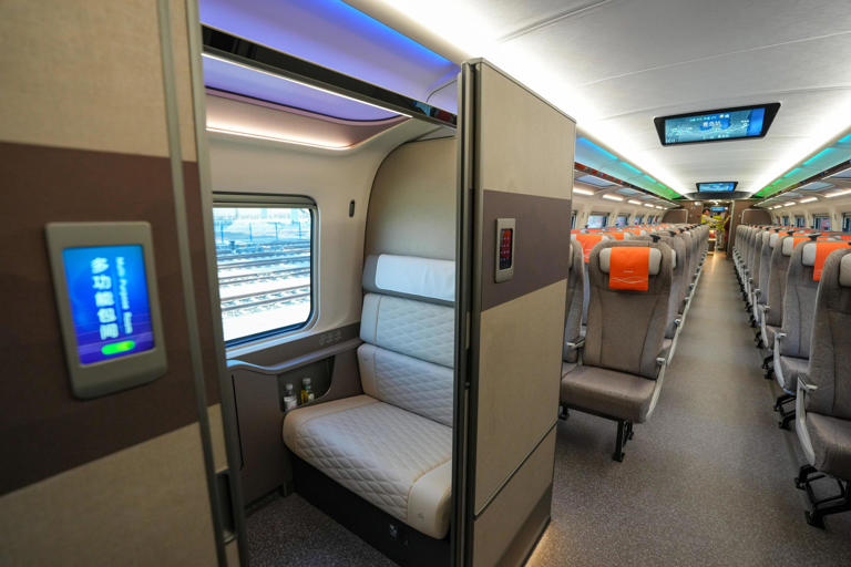 epa11797444 A multi-purpose room aboard a carriage of the CR450 bullet train in Beijing, China, 29 December 2024. According to China State Railway Group Co, the train has been tested at speeds of 450 kilometers per hour. CHINA OUT / UK AND IRELAND OUT / MANDATORY CREDIT EDITORIAL USE ONLY