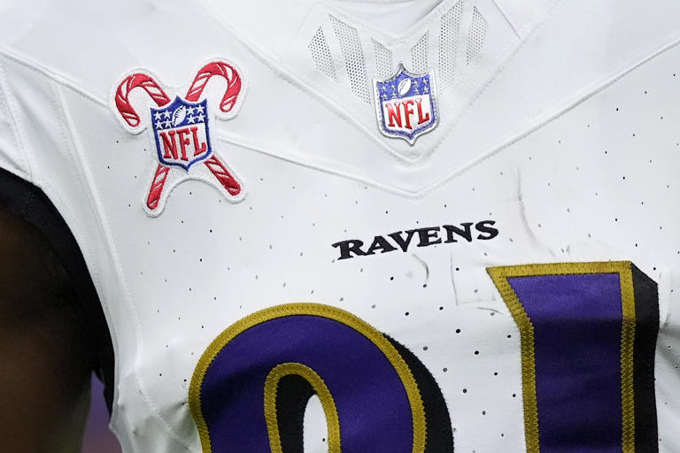 An NFL candy cane patch is seen on Baltimore Ravens wide receiver Devontez Walker's jersey before an NFL football game against the Houston Texans, Wednesday, Dec. 25, 2024, in Houston. (AP Photo/Eric Christian Smith)