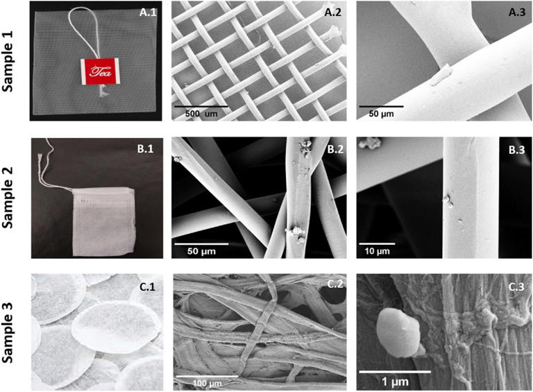 Teabags characterization. (A-C.1) Picture of Sample 1-, Sample 2-, and Sample 3-teabags before undergoing a cup-of-tea procedure. (A-C.2 and A-C.3) SEM images of all three teabags' filaments and zooming on the regions with irregularities, scales, and particulate structures. (CREDIT: Chemosphere)