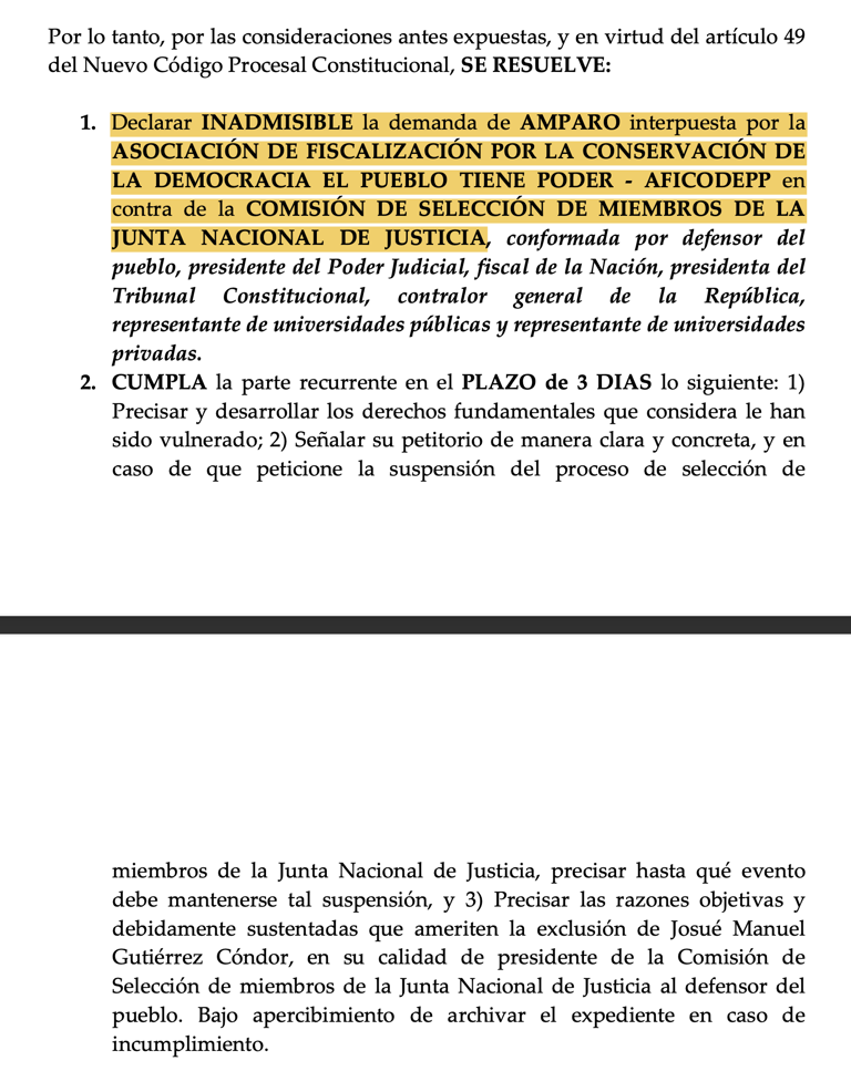 PJ no admite demanda para evitar que la nueva JNJ asuma funciones