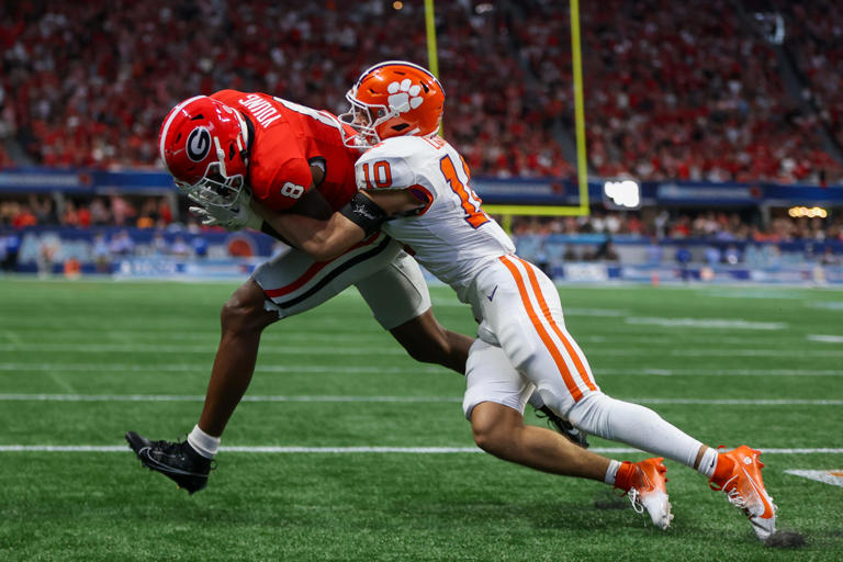 Aug 31, 2024; Atlanta, Georgia, USA; Georgia Bulldogs wide receiver Colbie Young (8) catches a touchdown pass in front of Clemson Tigers cornerback Jeadyn Lukus (10) in the third quarter at Mercedes-Benz Stadium. Mandatory Credit: Brett Davis-USA TODAY Sports