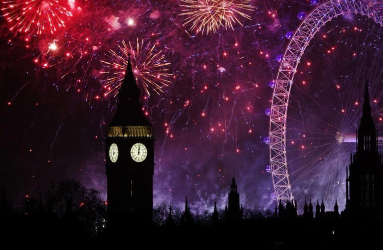 London's New Year's Eve fireworks display as New Year celebrations were cancelled in Edinburgh due to strong winds.