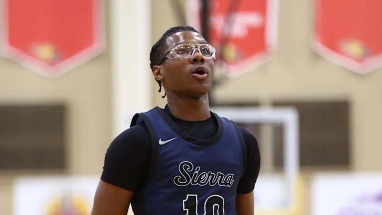 Sierra Canyon's Bryce James plays in the Hoophall West high school invitational at Chaparral High School in 2023. | Mark J. Rebilas-Imagn Images