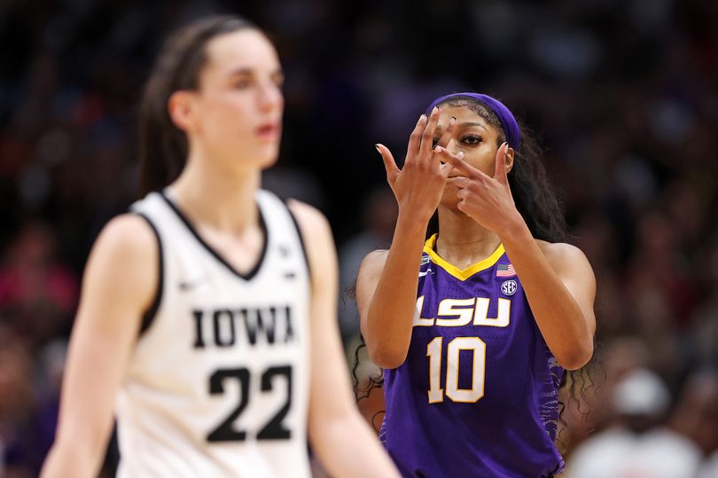 Angel Reese #10 of the LSU Lady Tigers reacts towards Caitlin Clark #22 of the Iowa Hawkeyes during the fourth quarter during the 2023 NCAA Women's Basketball Tournament championship game at American Airlines Center on April 02, 2023 in Dallas, Texas.