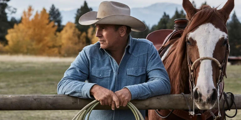 John Dutton stands next to a horse in Yellowstone.